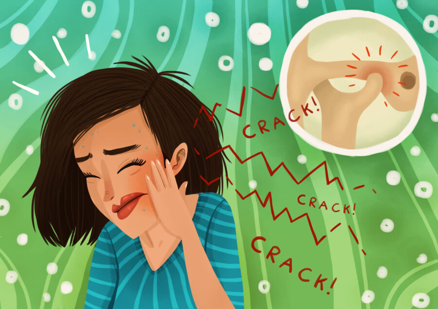 Illustration of a woman cringing in pain due to her jaw clicking and popping